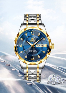 ساعت مردانه الوز olevs موتور کوارتز مقاوم در برابر آب طرح الماس دارای روز شمار ایام هفته صفحه شب نما بند فولاد استیل قفل پروانه ای استیل مخفی شیشه سافایر ضدخش